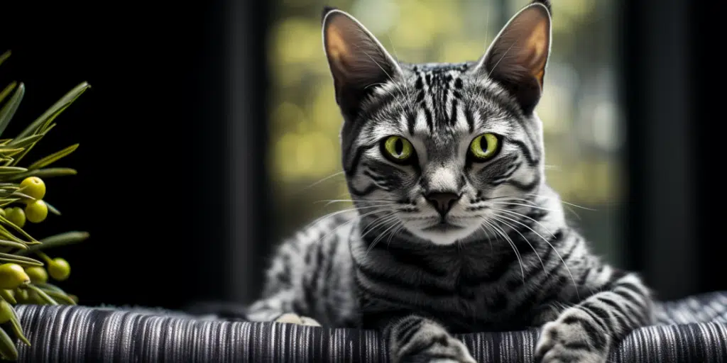 Beautiful Egyptian Mau cat with green eyes looking directly at the camera