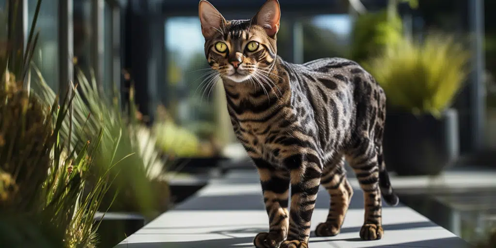 Brown-Charcoal Bengal cat standing near pond