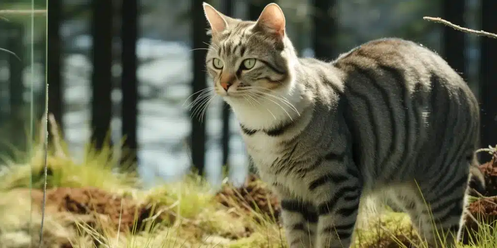 Manx cat enjoying an outdoor adventure in a garden