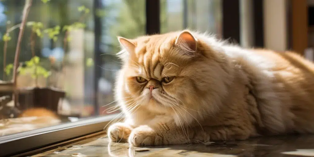 Purebred Exotic Shorthair sitting near window looking outside