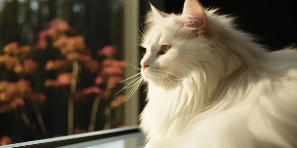 Relaxed Turkish Angora enjoying a peaceful moment at home looking out the window