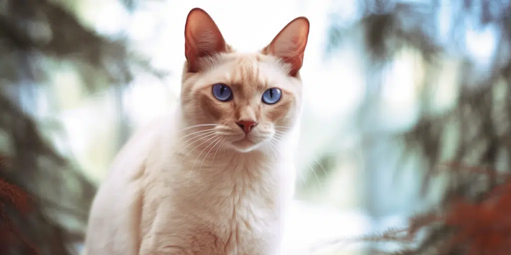 Flame point Siamese cat sitting outdoors