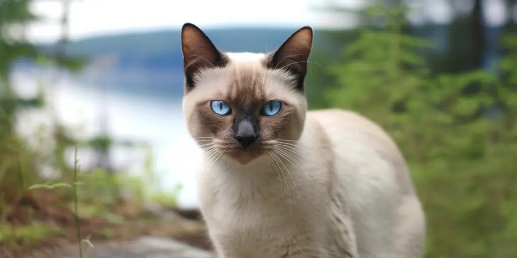 HD Siamese Applehead cat relaxing indoors, with a view of trees in the background