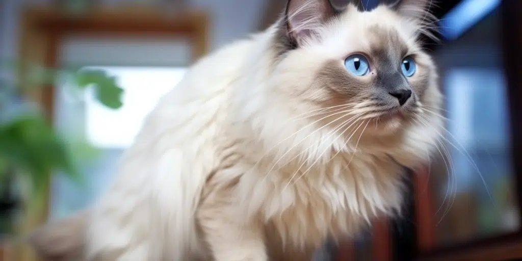 Blue Point Ragdoll cat relaxing by the window