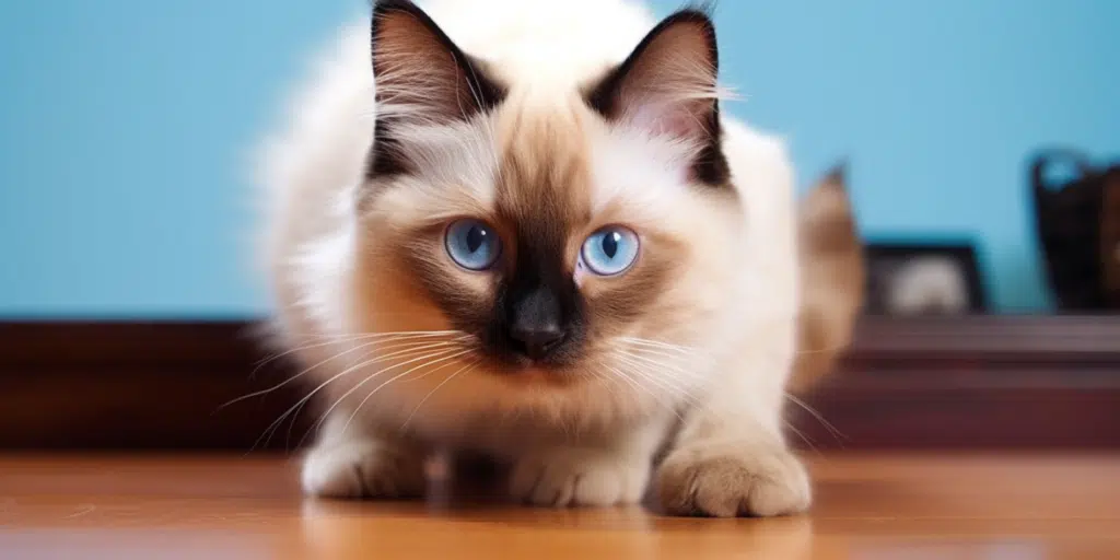 close up image of Chocolate point Ragdoll kitten looking into the camera