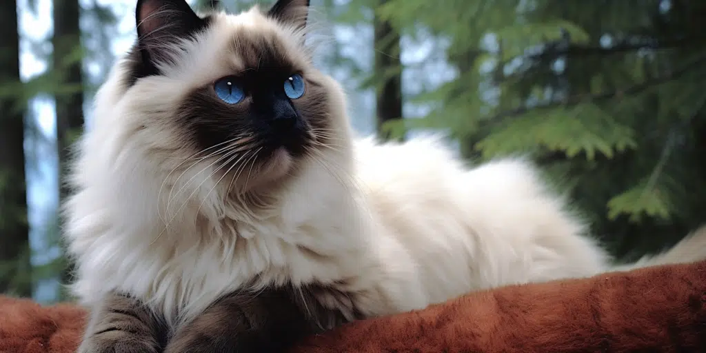 Female Seal point Ragdoll lying on a red fluffy couch outdoors