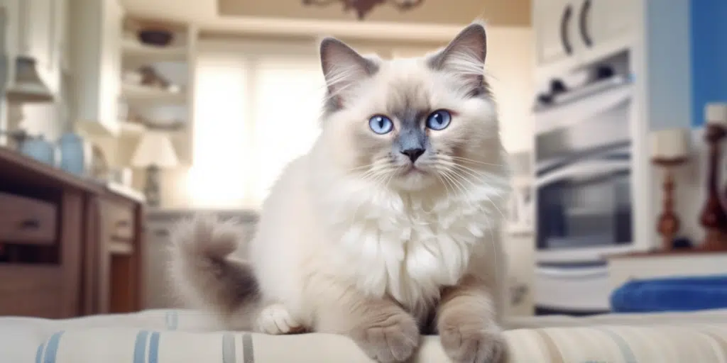 Lilac Point Ragdoll kitten looking cute with striking blue eyes