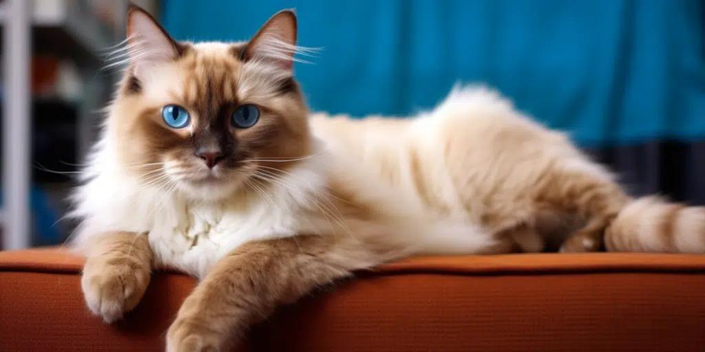 Happy Ragdoll cat with distinctive chocolate point face markings close-up