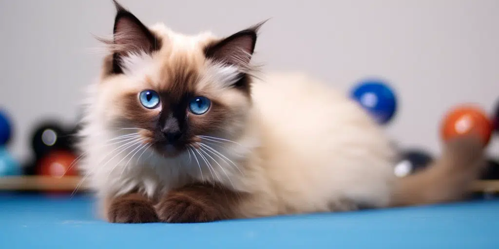 Playful Ragdoll kitten with chocolate points playing with toys