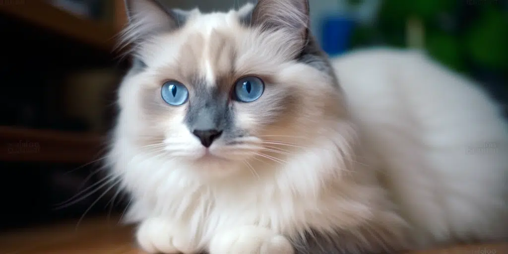 Ragdoll with blue mitted fur laying on table peacefully