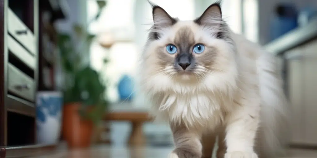 Ragdoll cat with blue points and blue eyes lounging near kitchen