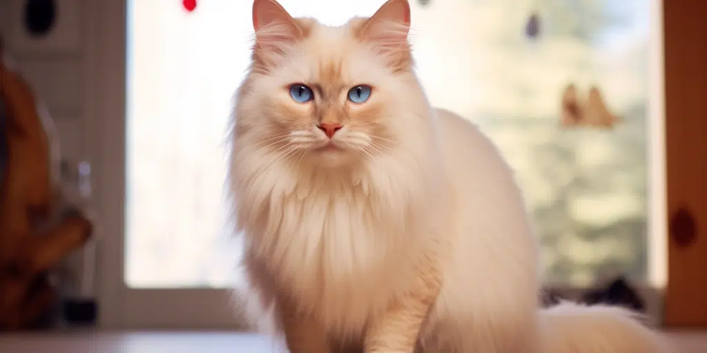 Young male Red Point Ragdoll sitting in the living room