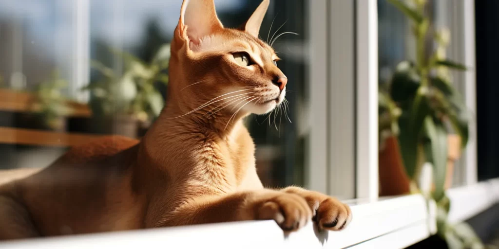 Abyssinian cat laying down looking at the birds outside the window