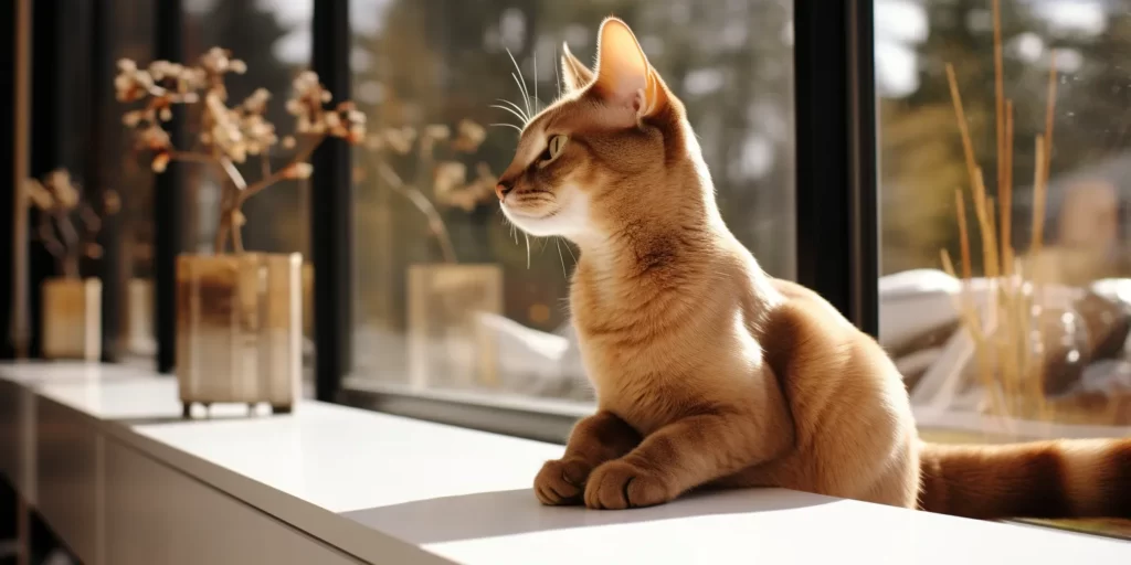 Abyssinian breed sitting near window looking at its toys in the living room