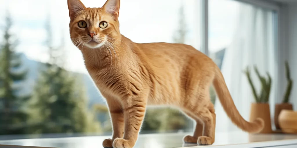 Abyssinian Standing next to window looking at its owner