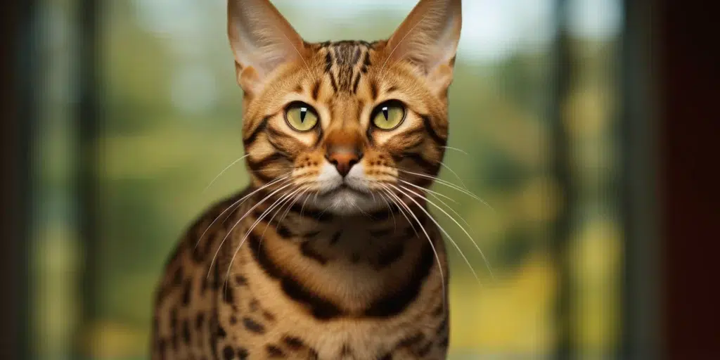 Bengal cat sitting looking at the camera