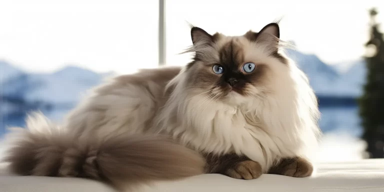 Himalayan cat on sofa with light blue eyes