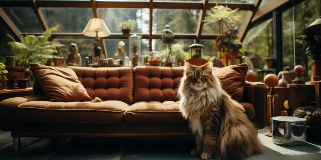Maine Coon Cat Breed Sitting On Rear Legs Looking At Camera