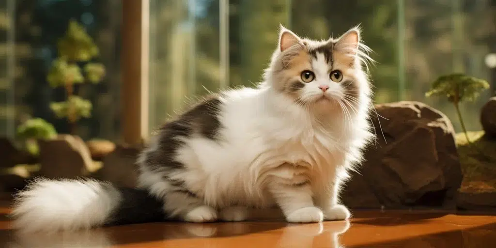 Munchkin Cat Breed Standing Full Body In Shoot Looking At Camera