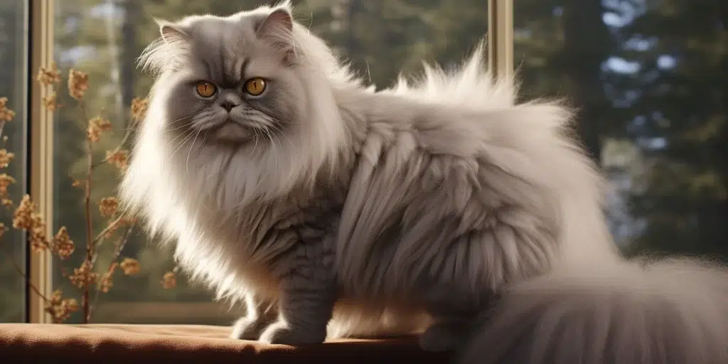 Grey Persian Breed Standing Side Body Looking At Down Towards Camera