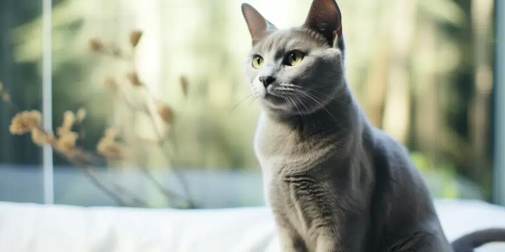 Russian Blue Breed Sitting Looking At Camera