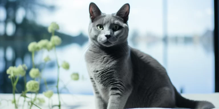 Russian Blue Cat Sitting Looking At Camera