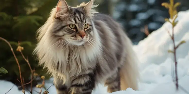 Siberian Cat Breed Standing Outside In Winter