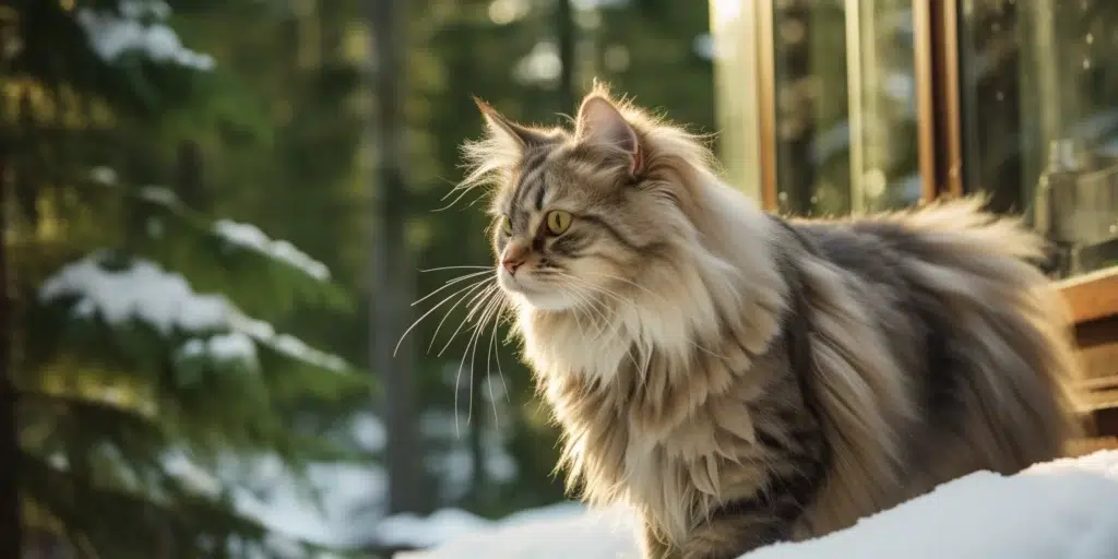 Siberian Cat Sitting Outside In the Snow