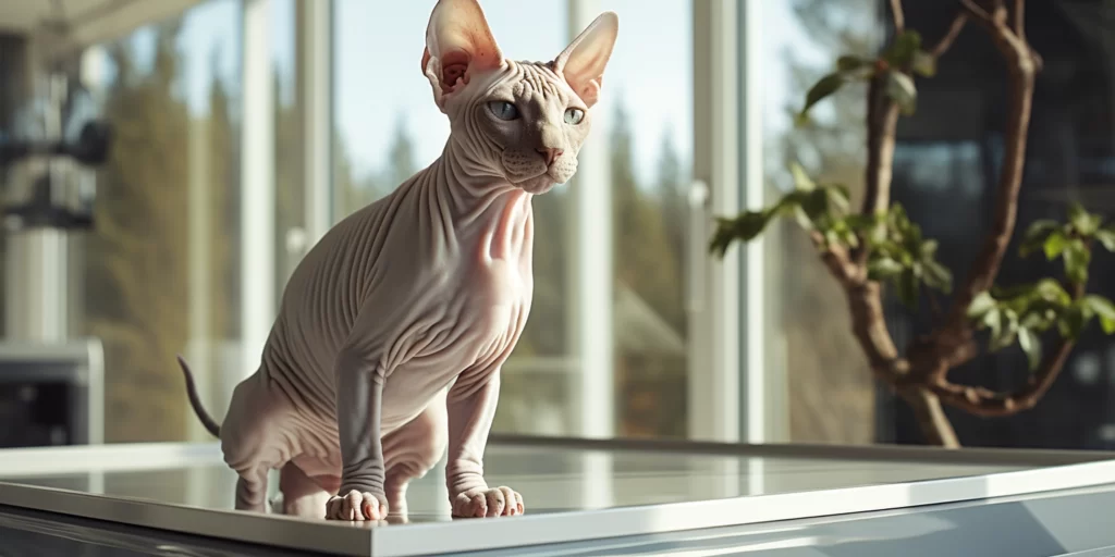 Sphynx Breed Sitting On Table Looking Away