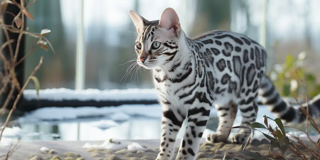 Adult silver Bengal cat posing elegantly