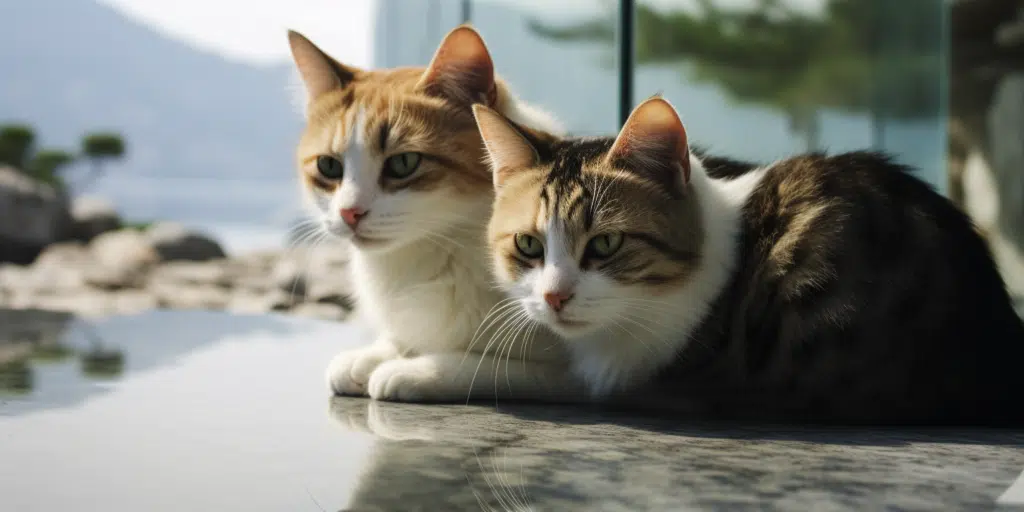 Two adorable Aegean cats relaxing outside