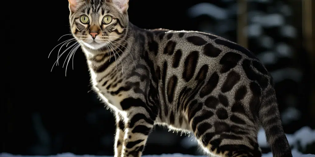 Bengal cat with silver charcoal coat and prominent whiskers