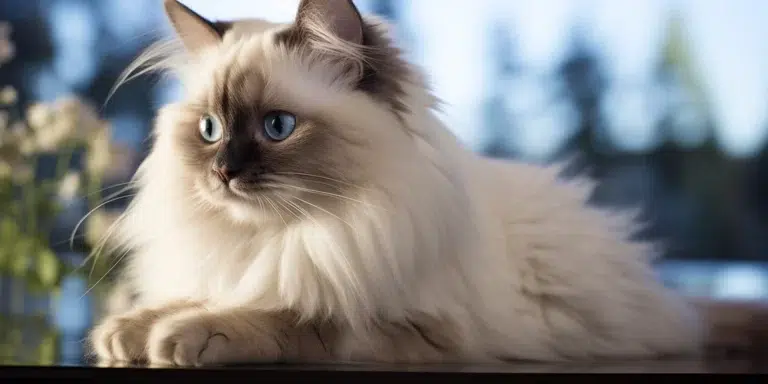 Birman kitten with beautiful blue eyes sitting on table