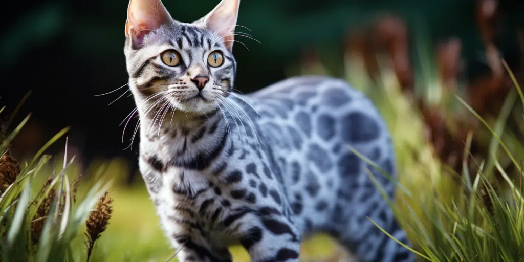 Blue Bengal cat playing in grass