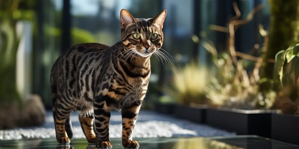 Charcoal brown Bengal cat posing for the camera