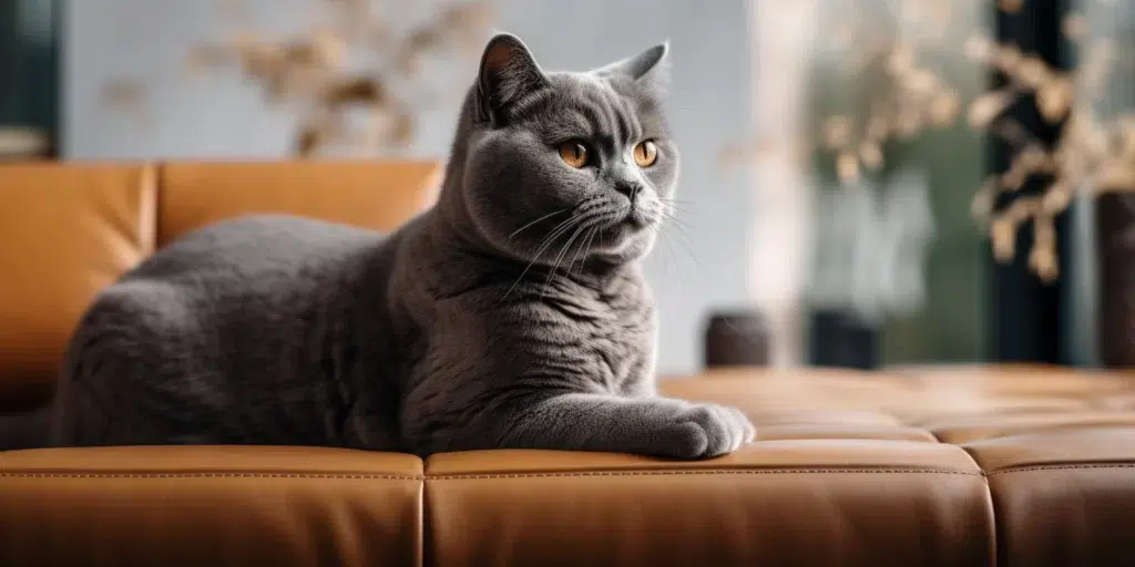 Chartreux cat relaxing indoor sofa