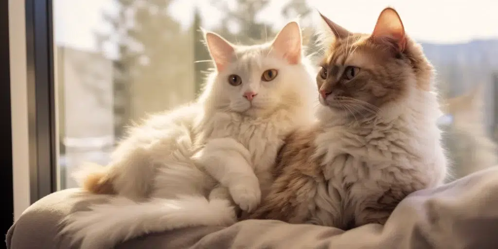 beautiful LaPerm cats cuddling on sofa