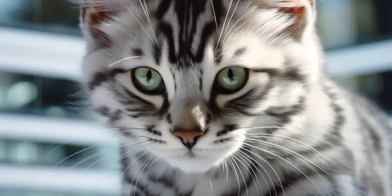 Fluffy silver Bengal kitten with green eyes about to take a nap