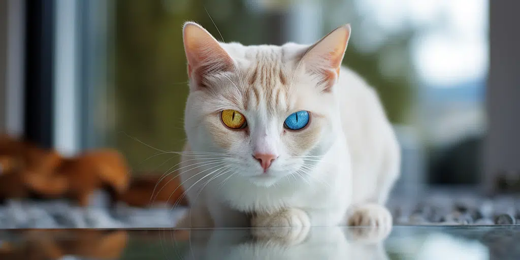 Khao Manee cat with closeup of heterochromia eyes