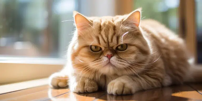 Purebred Exotic Shorthair laying on the floor