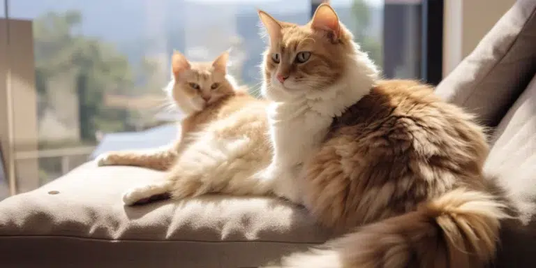 Purebred LaPerm cat sitting relaxed on the sofa looking at each other