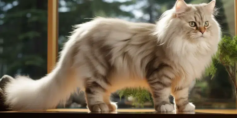 Ragamuffin standing on table looking at the toys