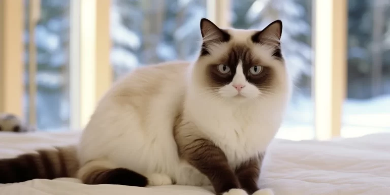 Snowshoe cat sitting on sofa looking at the camera