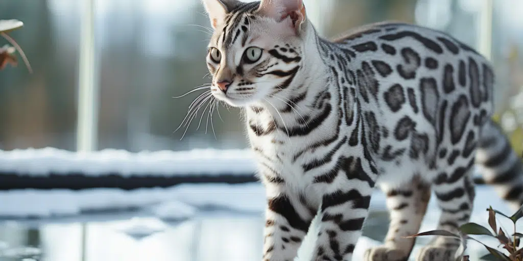 Striking silver Bengal cat profile view