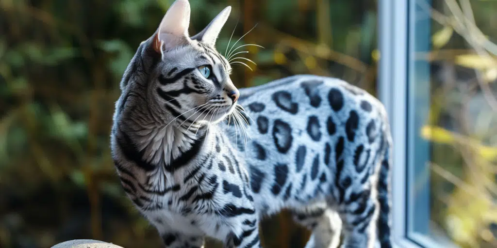 Stunning blue Bengal cat posing for a portrait