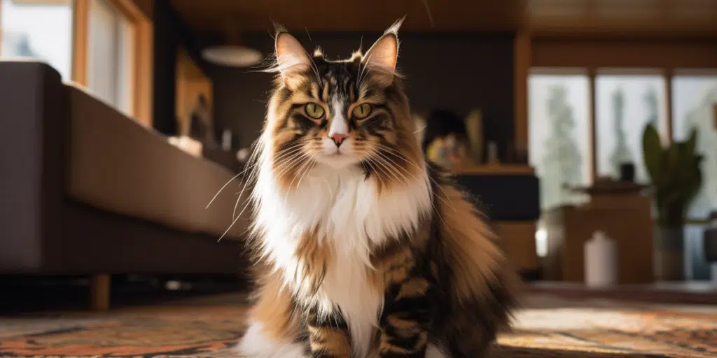 Adult calico Maine Coon enjoying the indoors