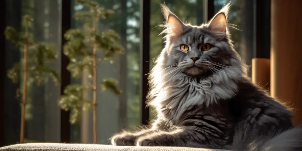 Adult female blue Maine Coon staring intently at the cameraman
