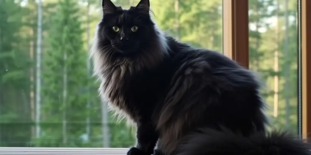 Adult male black Maine Coon cat posing