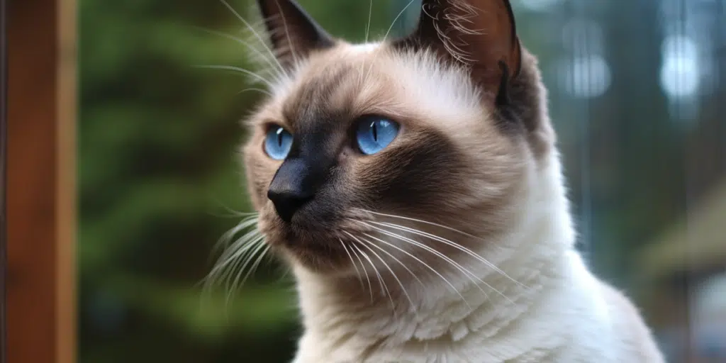 HD image of Blue-eyed Applehead Siamese cat gazing