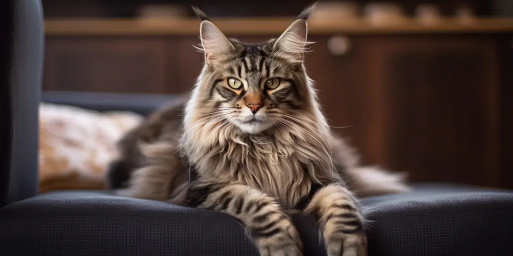 Elegant tabby Maine Coon sitting by the window
